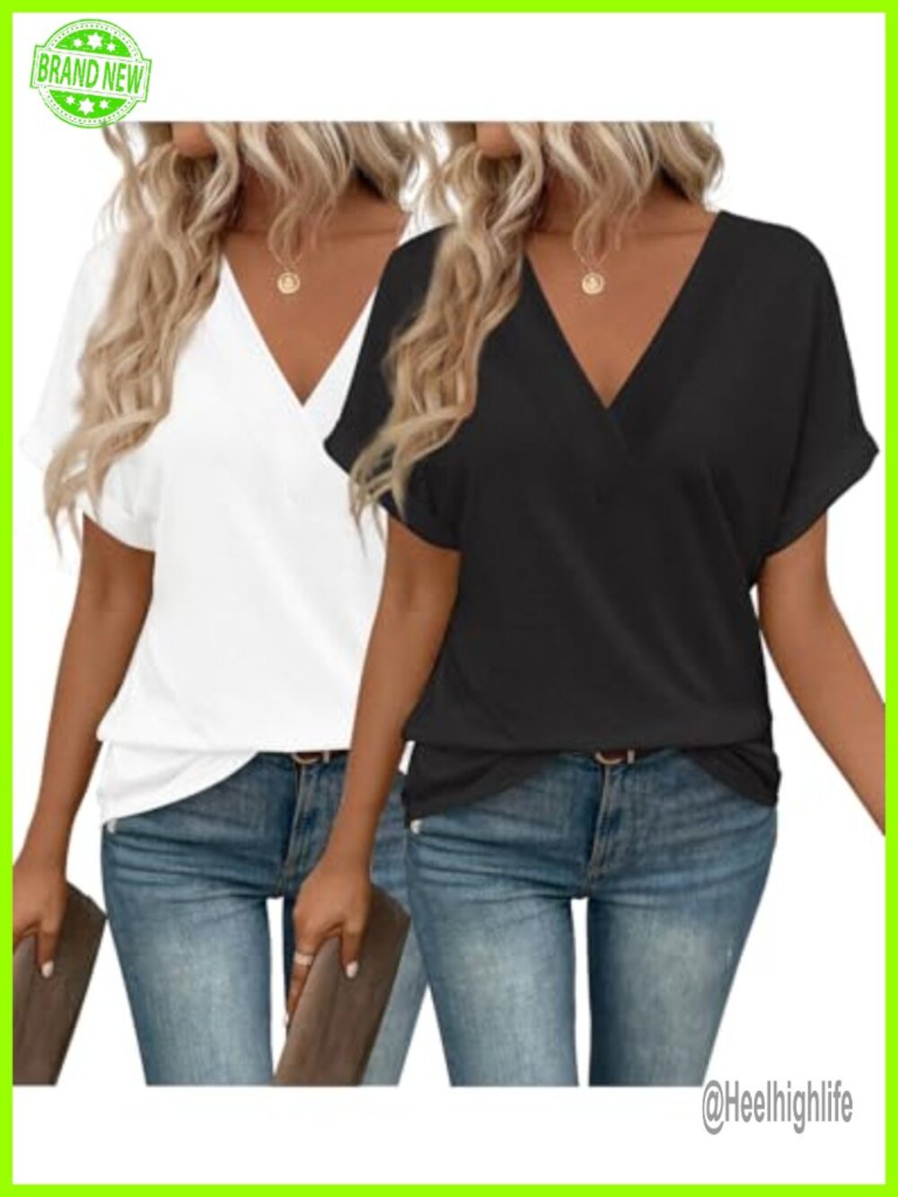 Women's Cotton Spandex V-Neck Short Sleeve Tees 2 Pack Casual Summer Tops
